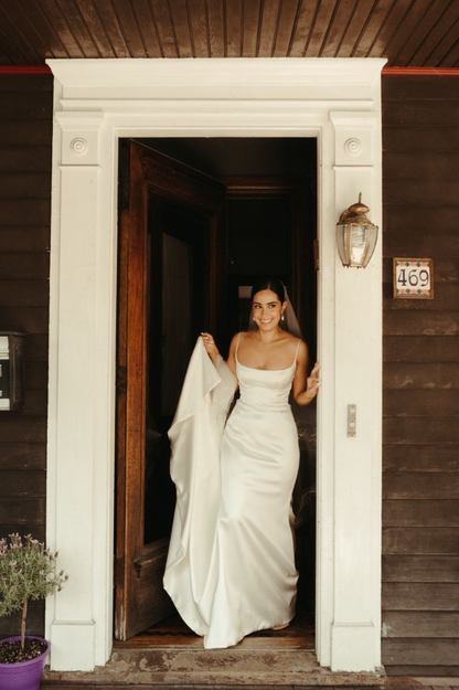 Beautiful Sheath Straps Long Wedding Dress Spandex Satin Prom Dresses