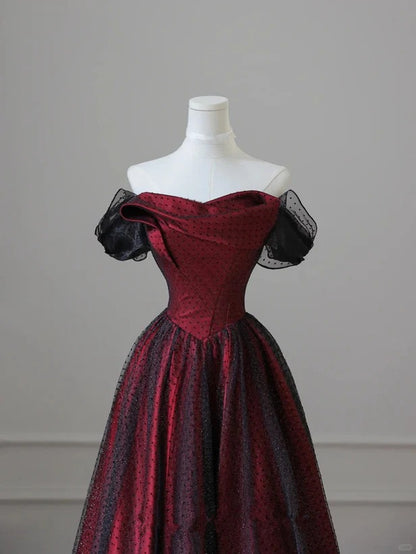 Black and Red Tulle Prom Dresses Long A-line Off Shoulder Wedding Party Gown Birthday
