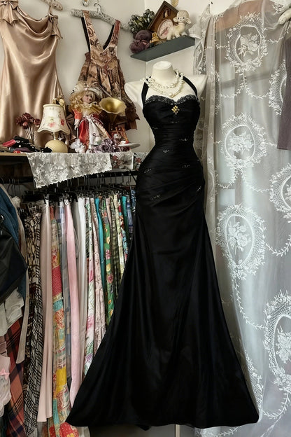 Vintage Halter Mermaid Long Prom Dresses Beaded Satin Blue Evening Dress Birthday Gown