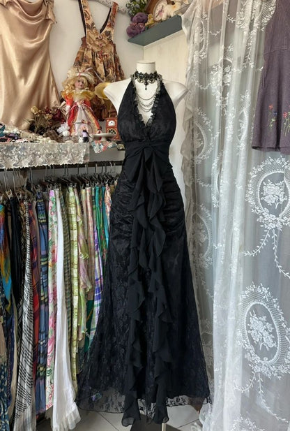 Black Elegant Vintage Prom Party Gown A Line Evening Dress