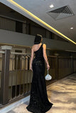 Fancy Black Sequined Maxi Dresses One Shoulder Split Prom Dress