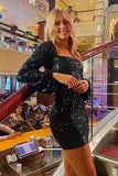 Glitter Long Sleeve Cocktail Dress Tight Graduation Dresses Short