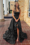 Strapless A Line Lace-Up Ruffled Tiered Prom Dress with Slit
