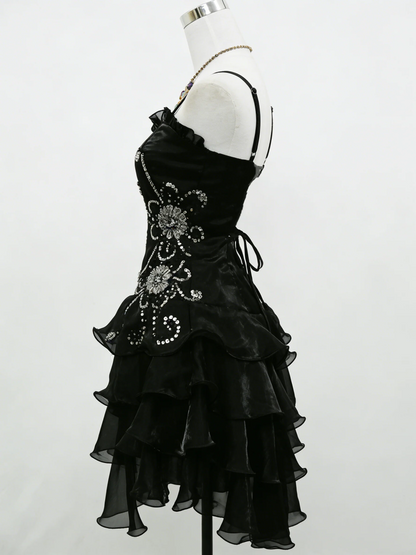 A Line Black Ruffle Short Prom Dress Homecoming Dresses