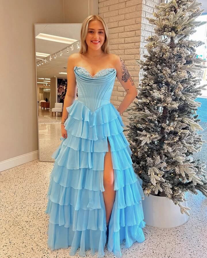Classy Ball Gown Prom Dresses Ruffle Long Layered Birthday Outfit Grad