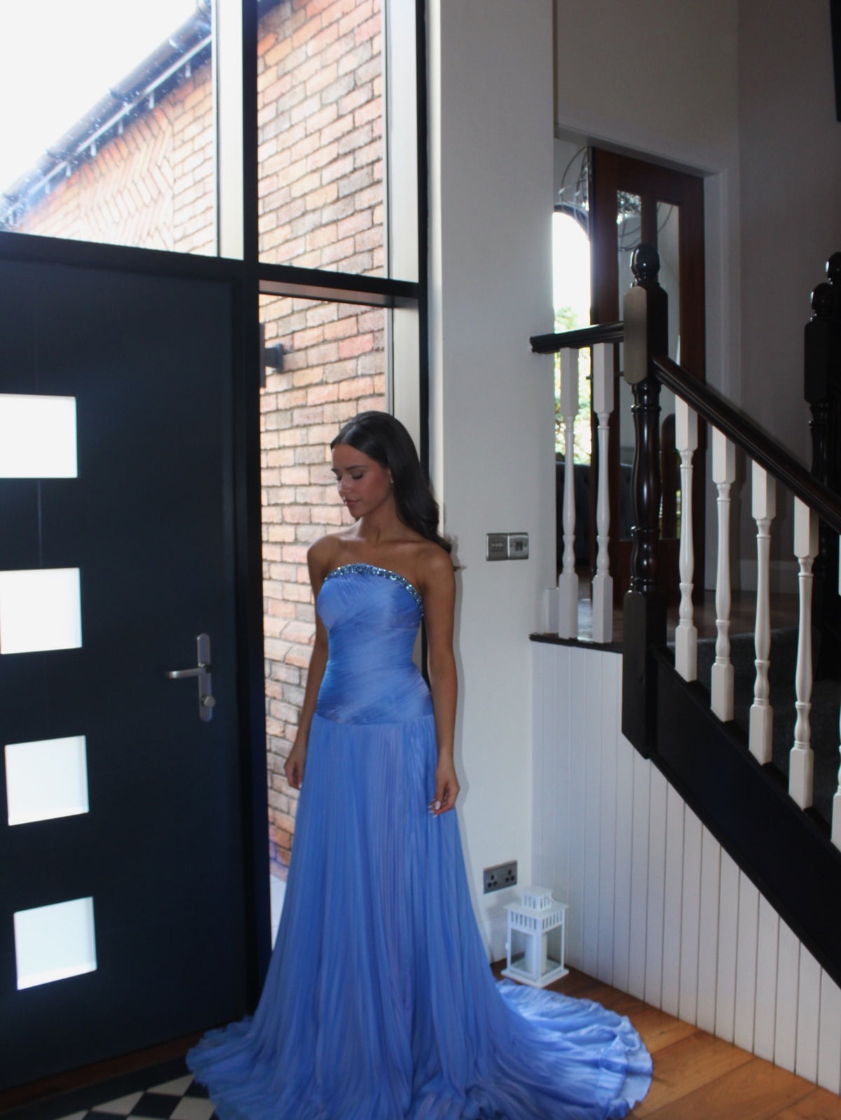 Blue Strapless Evening Gown Shimmering Beaded Neckline