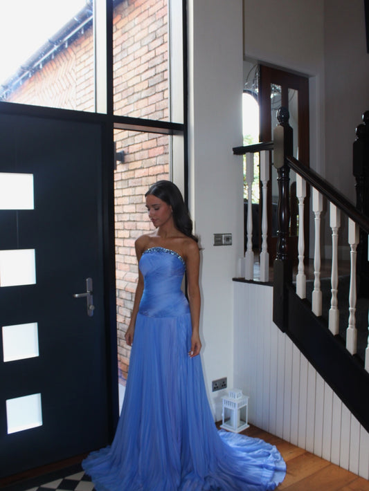 Blue Strapless Evening Gown Shimmering Beaded Neckline