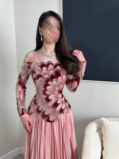 Pink Prom Dress Ball Gowns Off Shoulder Long Sleeve
