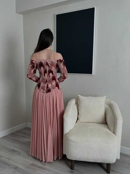 Pink Prom Dress Ball Gowns Off Shoulder Long Sleeve