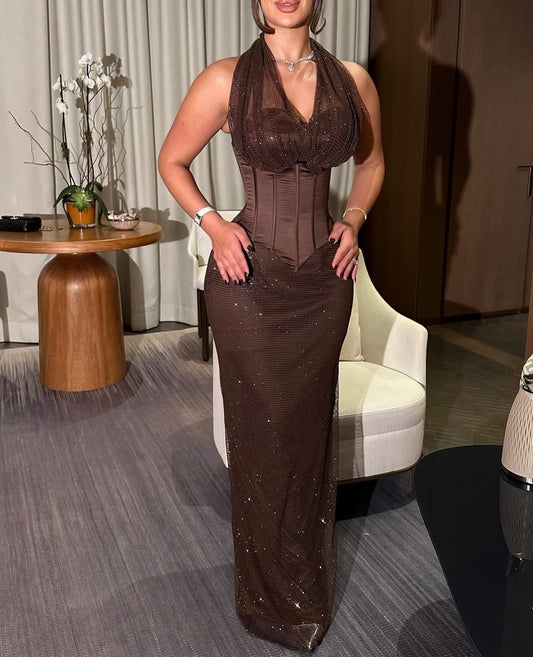 Shiny Brown Bodycon Dress Long for Birthday Corset Bodice