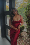 Spaghetti Straps Pink Long Satin Formal Evening Dress with Slit