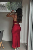 Spaghetti Straps Pink Long Satin Formal Evening Dress with Slit