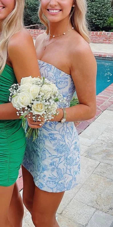 Floral Print Homecoming Dresses Strapless Mini Party Gowns
