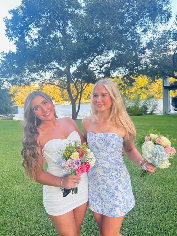 Floral Print Homecoming Dresses Strapless Mini Party Gowns