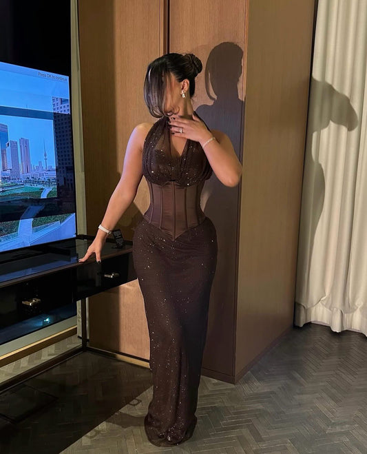 Shiny Brown Bodycon Dress Long for Birthday Corset Bodice