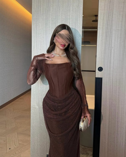 Brown Formal Dress Long Classy Prom Outfit with Jackets