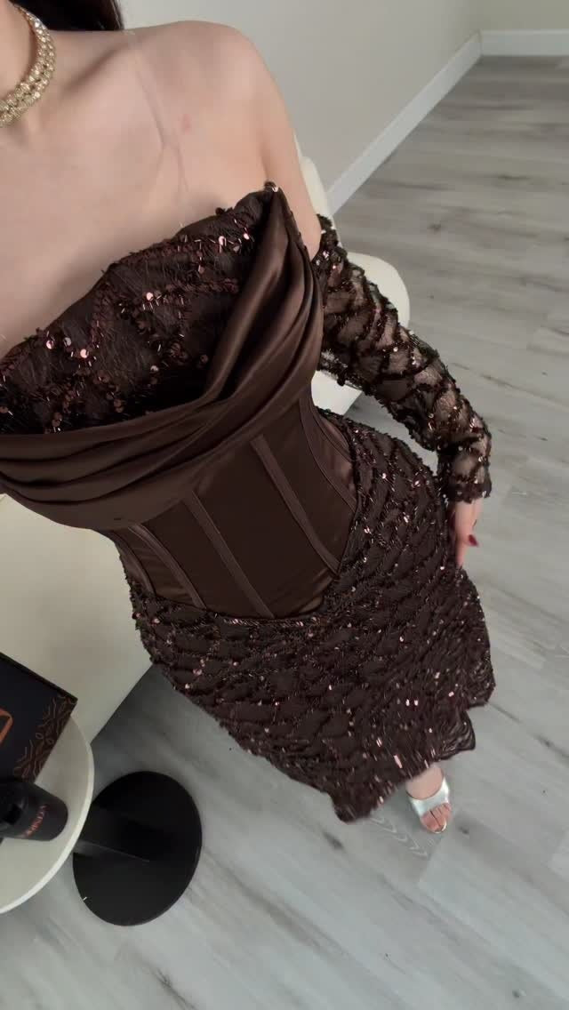Brown Sequined Bodycon Evening Dress Corset Bodice Long Embellished Sleeves