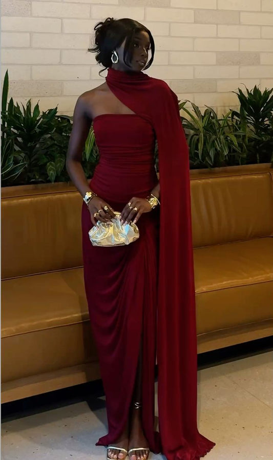 Elegant Classy Burgundy Maxi Dress Chiffon Long Formal Party Gown with Slit