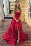 Strapless A Line Lace-Up Ruffled Tiered Prom Dress with Slit