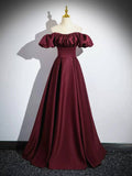 Unique Burgundy Prom Dress Short Sleeve A-line Satin Maxi Dresses Formal