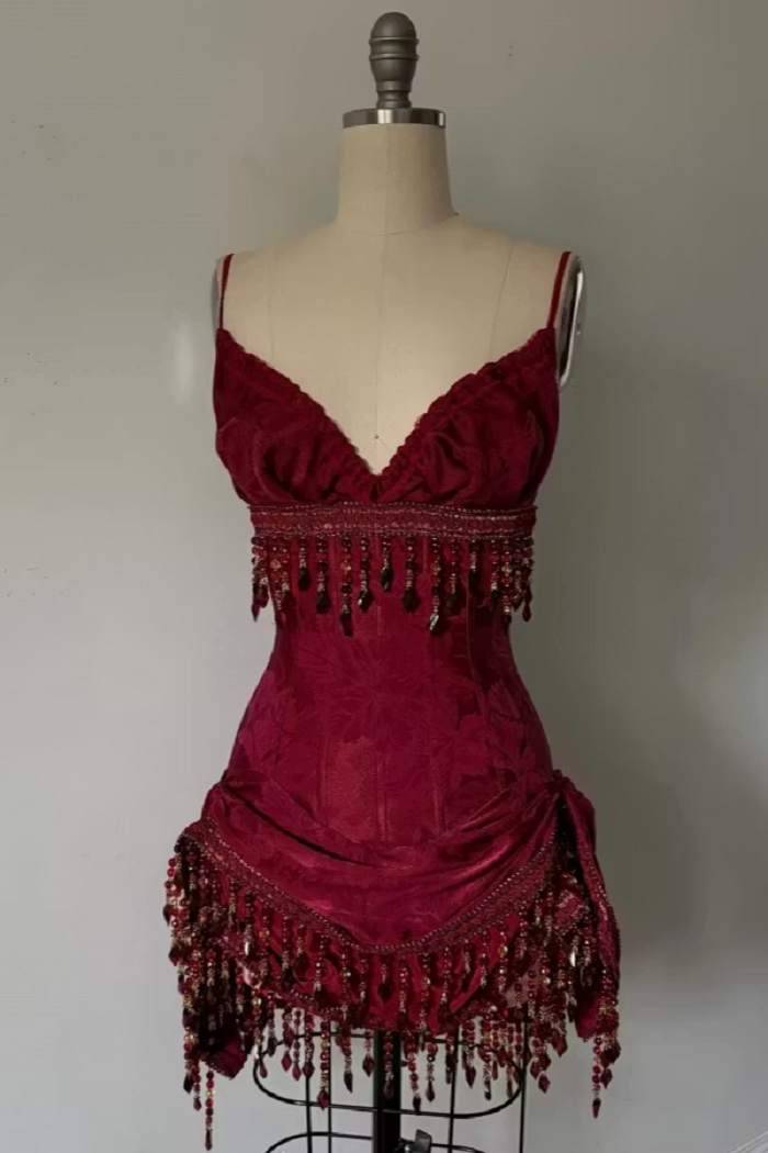 Straps V Neck Burgundy Short Dress Satin Prom Gown Beaded