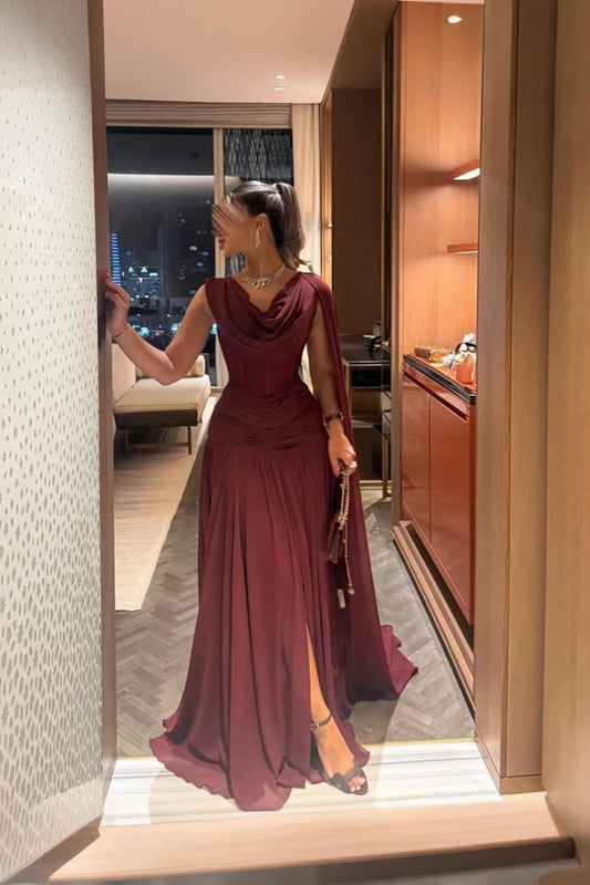 Romantic Ruched Chiffon Prom Dress Long A-line Party Outfits