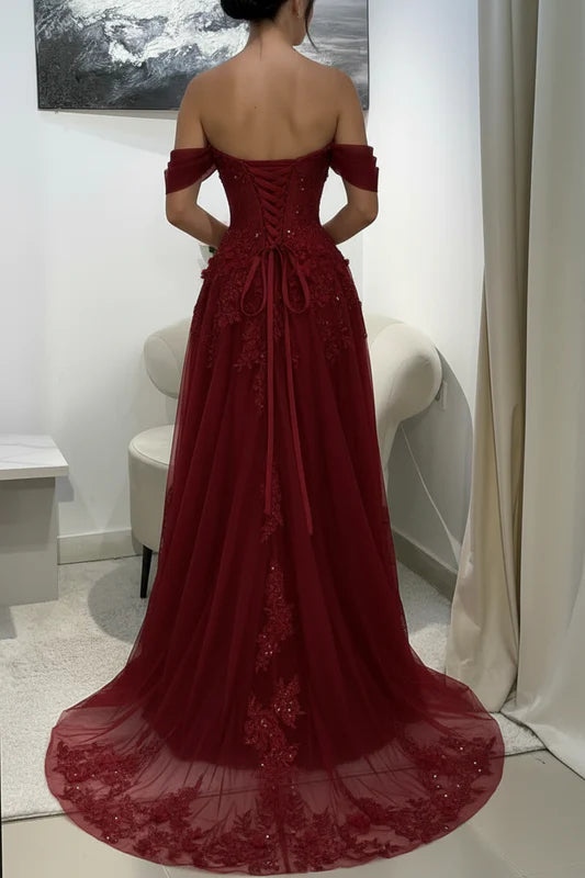 Burgundy Off-the-Shoulder Tulle Formal Evening Dress Lace Applique Prom Dresses