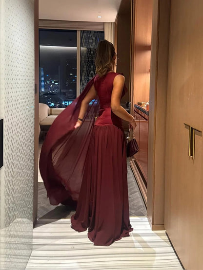 Romantic Ruched Chiffon Prom Dress Long A-line Party Outfits