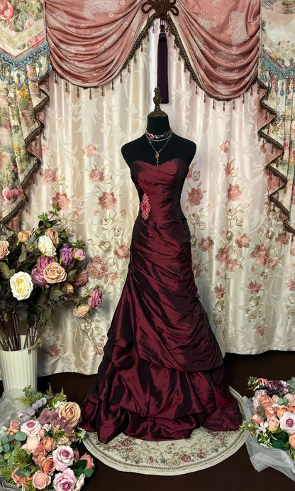 Strapless Burgundy Mermaid Prom Dress with Ruffles