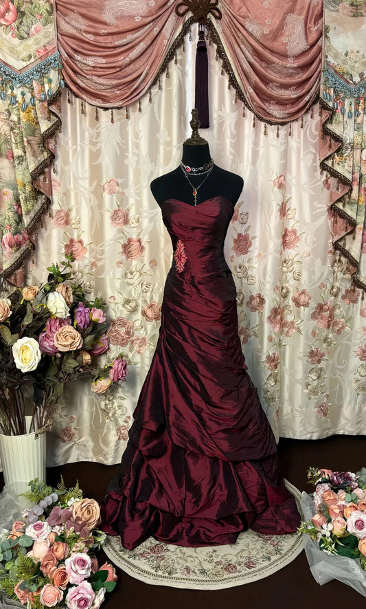 Strapless Burgundy Mermaid Prom Dress with Ruffles