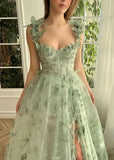 Fairtale Prom Dress Green Elegant Lace Maxi Dresses with Slit
