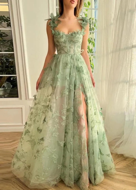 Fairtale Prom Dress Green Elegant Lace Maxi Dresses with Slit