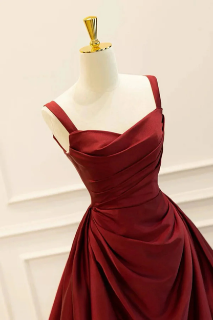 Wine Red Taffeta Straps Party Dress Long A line Evening Gowns Elegant
