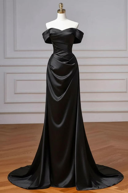 Burgundy Prom Dresses Off The Shoulder Draped Satin Floor Length Evening Dress