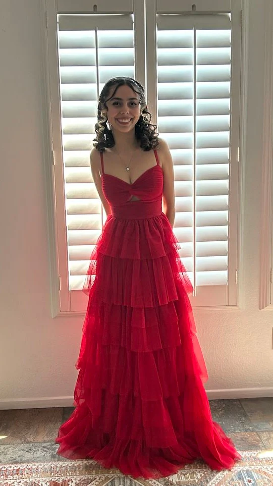 Red Layered Tulle Long Prom Dresses A line 8th grade Graduation Dress