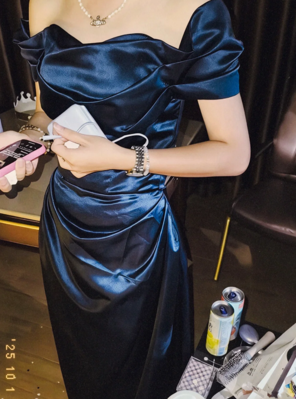 Off The Shoulder Navy Blue Satin Prom Party Dress Classy Evening Dresses