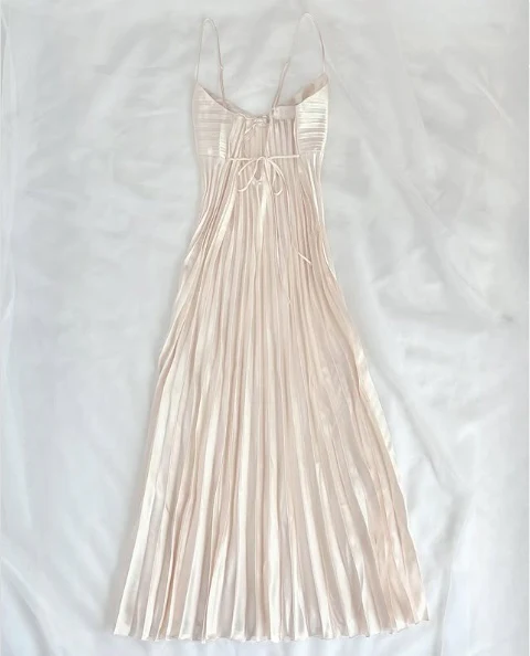 Champagne Spaghetti Straps Long Prom Dress Pleated Slip Gown