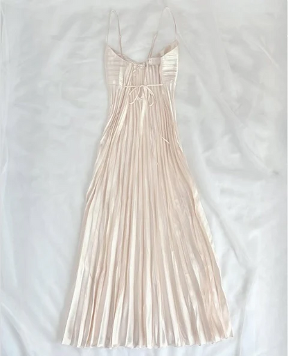 Champagne Spaghetti Straps Long Prom Dress Pleated Slip Gown
