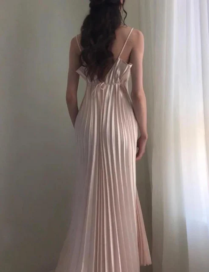 Champagne Spaghetti Straps Long Prom Dress Pleated Slip Gown