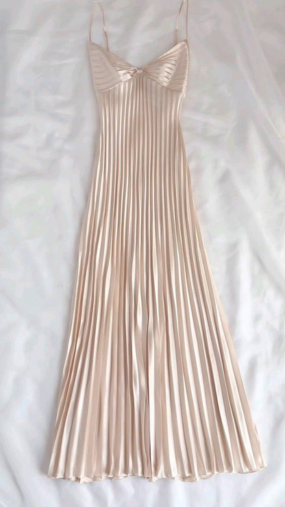 Champagne Spaghetti Straps Long Prom Dress Pleated Slip Gown