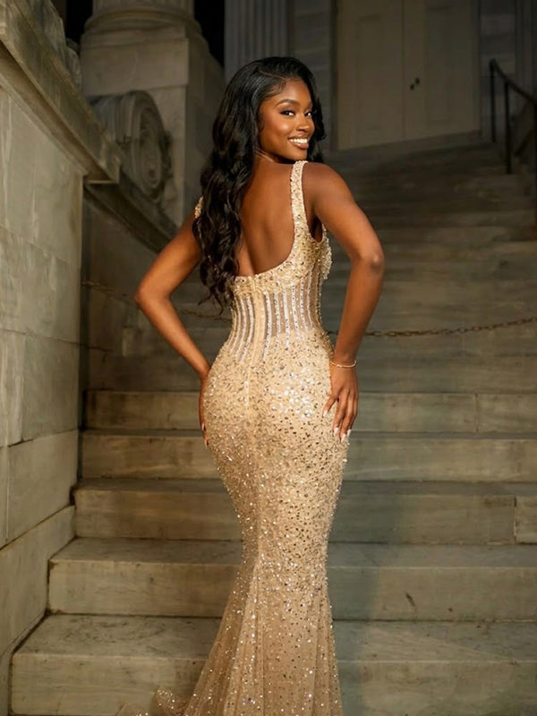 Sparkly Champagne Gold Sequins Square Neck Mermaid Evening Gown Floor Length