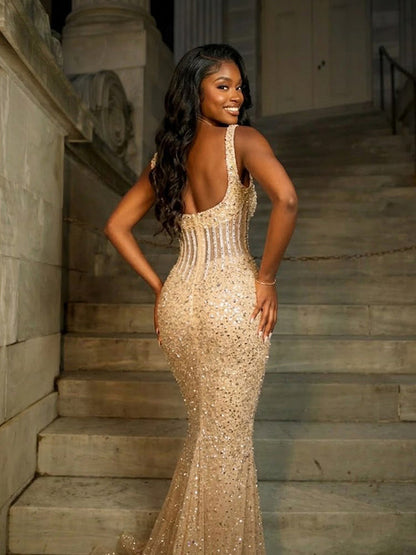 Sparkly Champagne Gold Sequins Square Neck Mermaid Evening Gown Floor Length