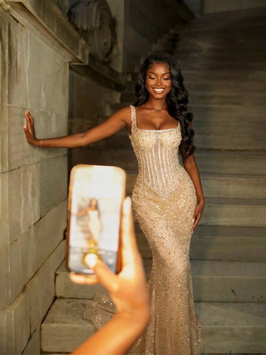 Sparkly Champagne Gold Sequins Square Neck Mermaid Evening Gown Floor Length