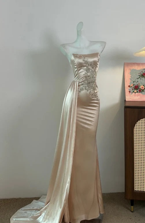 Champagne Mermaid Satin Long Prom Dress with Lace
