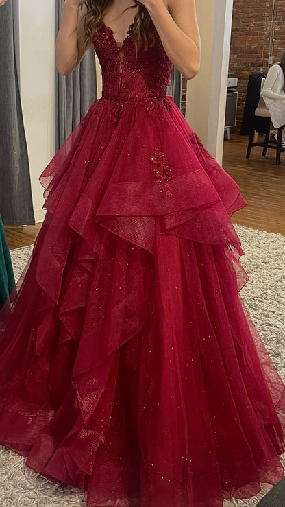 Chic Ball Gown Spaghetti Straps Burgundy Layered Prom Dress Tulle Long Evening Formal Gowns