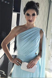 Sky Blue One Shoulder Train A-line Prom Evening Dress