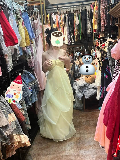 Yellow Chiffon Maxi Dress Strapless Ruffled Formal Dresses