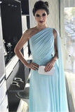 Sky Blue One Shoulder Train A-line Prom Evening Dress