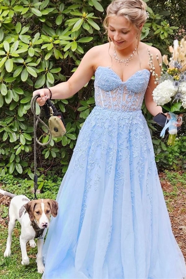 Strapless Light Blue Lace Appliques Long Prom Dress Sheer Corset Bodice