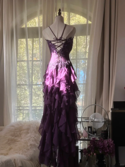 Unique Purple Prom Dress Designs Ruffle Chiffon Birthday Party Outfits Long
